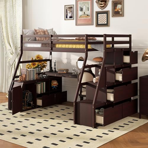 Twin Size Loft Bed with Stairs and Desk, Wood Loft Beds with Cabinet and 7 Drawers, High Loft Bed Frame with Shelves and Step for Kids, Teen, Boys, Girls, Espresso