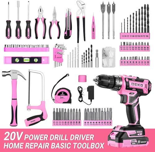 186-Teiliges Werkzeugkoffer mit Akkuschrauber: DEKO Werkzeugkasten mit 20 V Rosa Akkubohrer für Frauen Zuhause Handreparatur Grundlegende Werkzeugsets