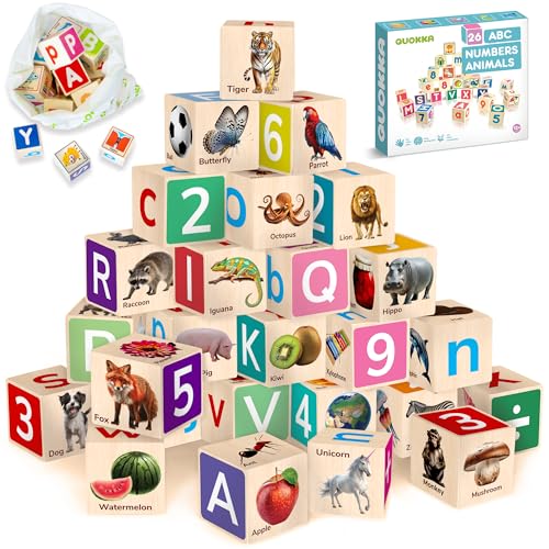 Quokka Wooden Blocks for Toddlers 1-3 - Realistic ABC Learning Baby Blocks for Kids 3-5 Year Olds - Stacking Alphabet Wood Toys for 2-4 yo - Learn Letters Numbers