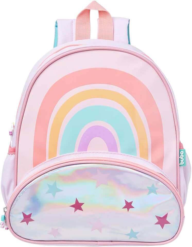 Mochila Escolar Infantil Unicórnio, Arco-Íris com Estrelas, Alça Rosa, com Lancheira Buba