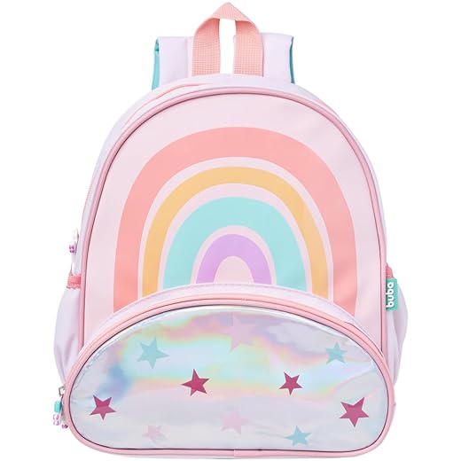 Mochila Escolar Infantil Unicórnio, Arco-Íris com Estrelas, Alça Rosa, com Lancheira Buba