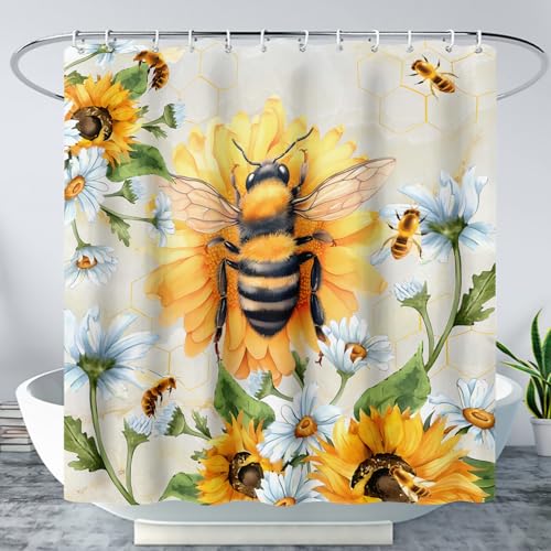 AILONEN Honey Bee Shower Curtain,Waterproof Sunflower Bath Curtain for Boys Girls Bathroom,Watercolor Yellow and White Floral Bees Print Curtain with Plastic Hooks, 72