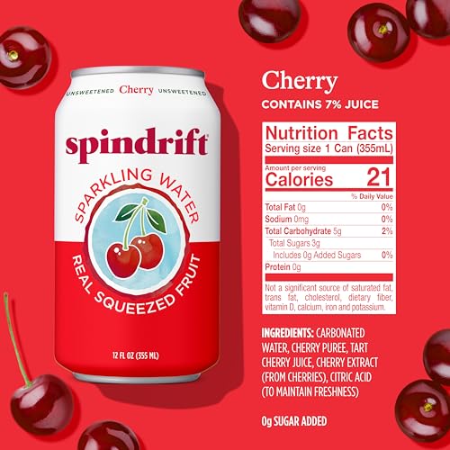 Image of Spindrift Sparkling Water, Cherry Flavored, Made with Real Squeezed Fruit, 12 Fl Oz Cans, Pack of 24 (Only 21 Calories per Can)