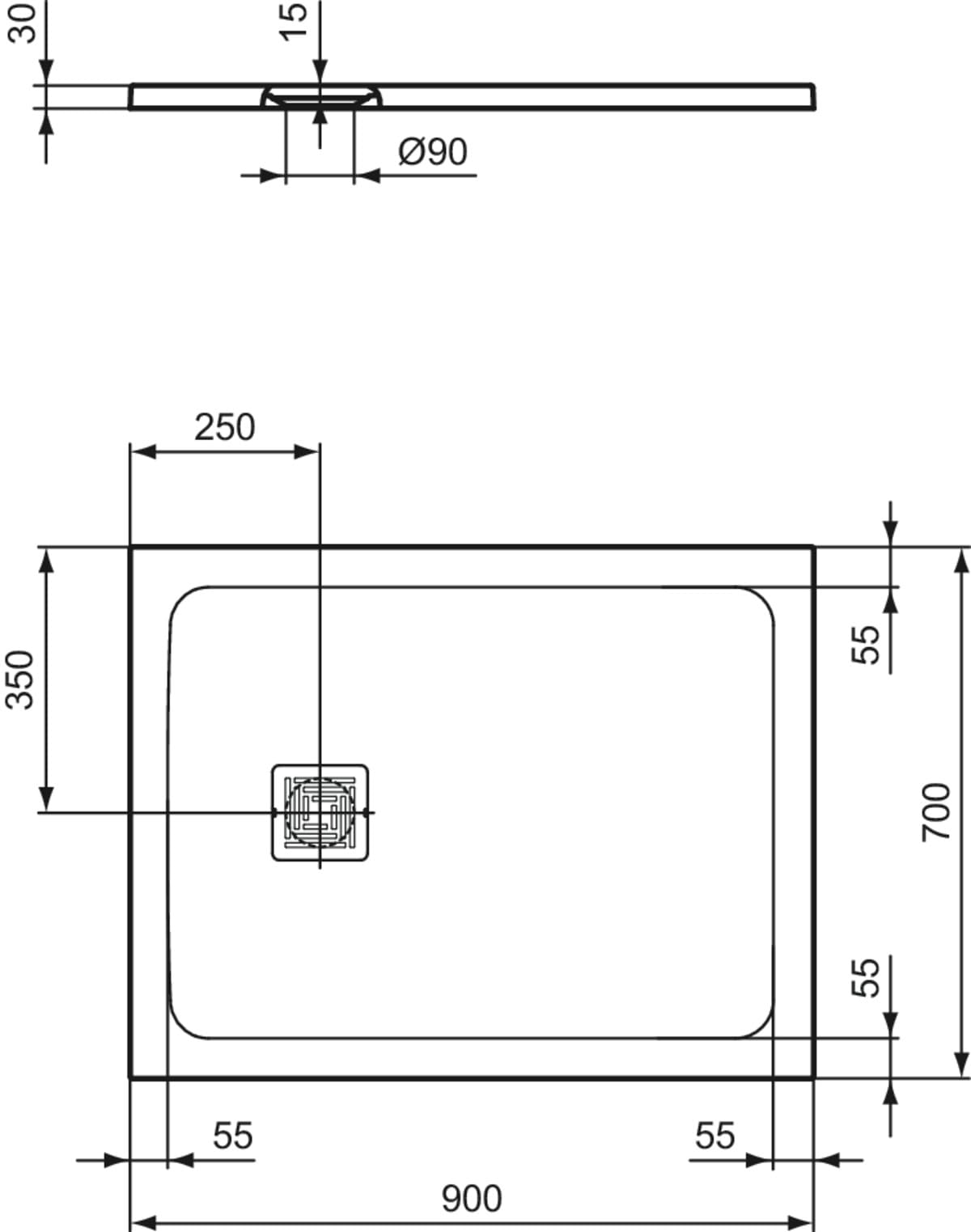 Ideal Standard - Ultra Flat S+, Plato de ducha rectangular ultrafino de resina efecto piedra, 90 x 70 cm, Ideal Solid, desagüe lado corto, blanco