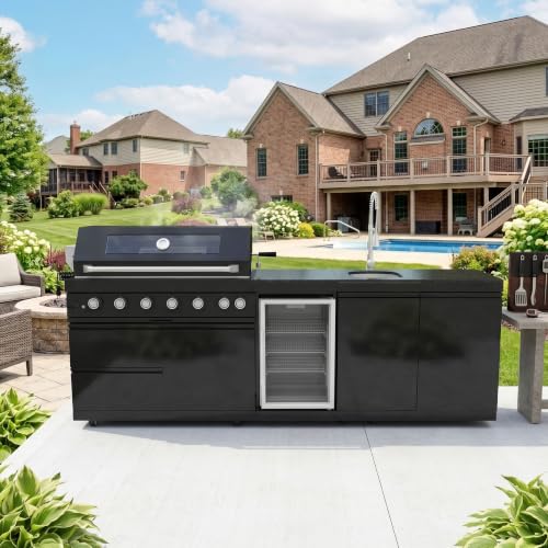 101-Inch 6-Burner 85000 BTU Stainless Steel Outdoor Kitchen Island Propane Gas Grill + Wine Cooler Refrigerator + Rotisserie Kit + Granite Countertops + Sink, For Backyard & Patio Entertaining, Black