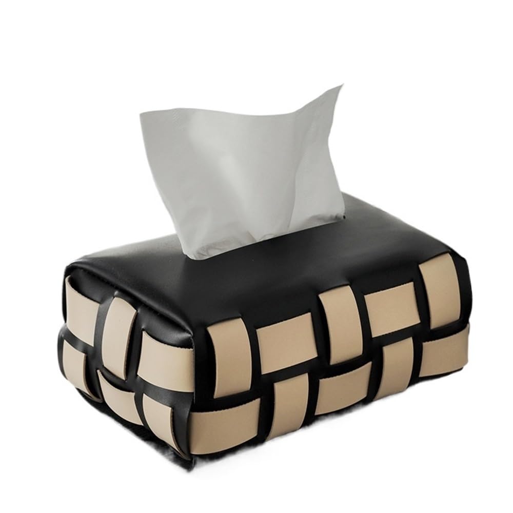 Tissue Case Tissue Box Checkered Woven Leather Paper Living Room Table Bedroom Organiser Tissue Dispenser(Black)