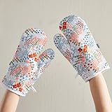 Hausfrau Embroidered Jacquard Oven Mitts Vintage Floral Heat Resistant Kitchen Mitts Oven Gloves for Baking Cooking, White flowersea