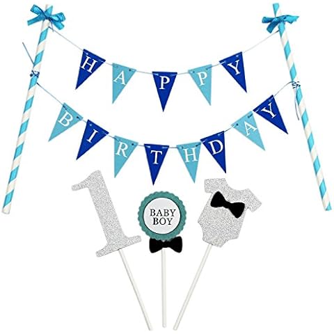 KUNGYO Mini Happy Birthday Cake Bunting Banner Cake Topper Garland - Handmade Pennant Flags Baby Girl and Boy Birthday Party Cake Decoration Supplies (1 blue) Cover
