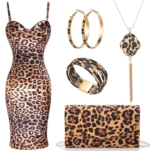 Haysandy 5 Pcs Leopard Dress Set Earrings Necklace Bracelet Purse,