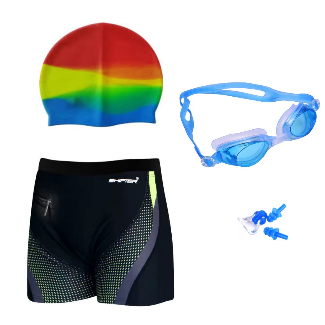 Swimming Kit for Men Boys with Trunks Costume Shorts Free Size (28-32 inch Waist) | Swimming Cap Silicone | Swimming Goggles Antifog | Earplug and Noseplug Set