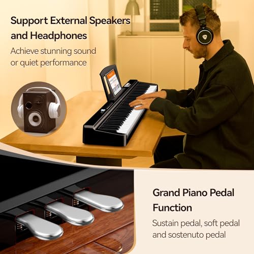 TERENCE E Piano 88 Tasten Faltbares Digital Piano mit 2000mAh Batterie unterstützung MIDI-USB Audio-Bluetooth mit 2x25W Lautsprecher Sustain Pedal Notenständer Aufkleber Audiokabel Kopfhörer