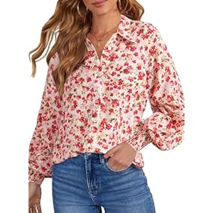 Dokotoo Women’s Casual V Neck Allover Floral Print Long Sleeve Chiffon Button Down Blouses Bohemian Top Shirts