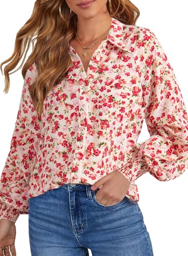 Dokotoo Women's Casual V Neck Allover Floral Print Long Sleeve Chiffon Button Down Blouses Bohemian Top Shirts