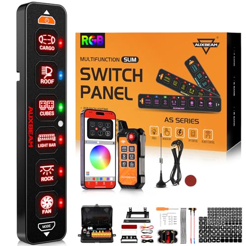 Auxbeam 6 Gang Slim Switch Panel Bluetooth RGB AS-600 with APP&Wireless Remote Control Toggle Momentary Pulsed Dimmable Switch Pod Offroad Truck Waterproof,2-Year Warranty (Patent Registerin