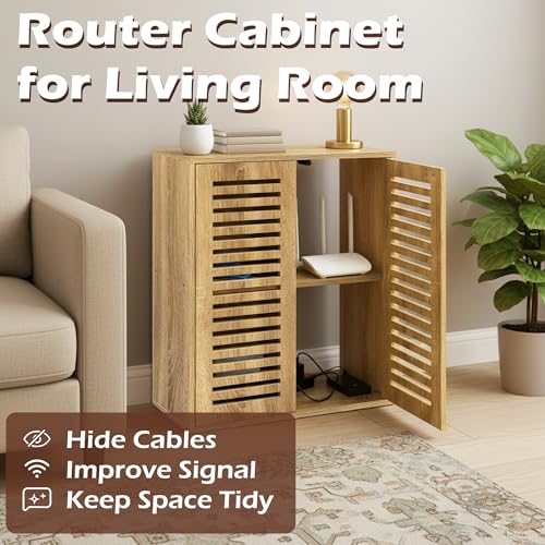 Image of WiFi Router Storage Cabinet, Floor Standing Router Storage Box Modem, Multi-Functional Router Storage Box, Power Strip and Cable Management Hider Organizer for Living Room, Office, Bedroom, White Oak