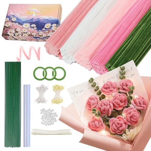 500PCS Pipe Cleaners Craft for Flower - 5 Assorted Colors Chenille Stems Pipe Cleaners Bulk 25sturdy floral stems, 200Stamens, Ribbon, Glue Sticks & Pearls for DIY Bouquets & Home Decor(Pink)
