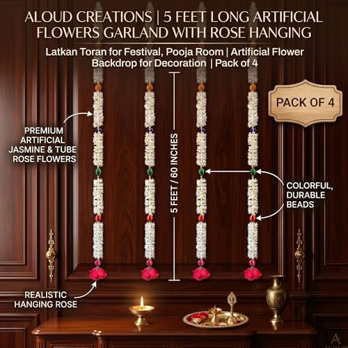 Image of ALOUD CREATIONS 4Pc Fluffy Artificial Jasmine Flower (Mogra) Garland with Decorative Balls and Rose Hangings | Garland Latkan Toran for Door Entrance, Pooja Room, Festive Backdrop | 5 Feet (60 inch)