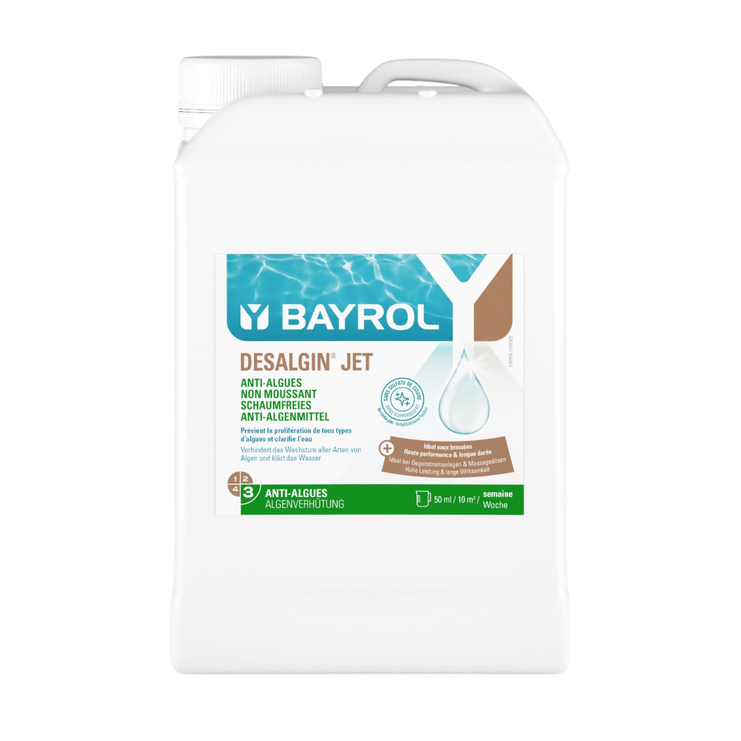 BAYROL Desalgin Jet 3 L - schaumfreies Antialgen-Konzentrat zur Verhinderung von Algenwachstum im Pool - Ideal für Pools mit Gegenstromanlagen / Wasserattraktionen - Ohne Kupfersulfat