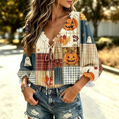 Halloween Tops for Women V Neck Linen Tie Shirts 3/4 Sleeve Pullover - image 2