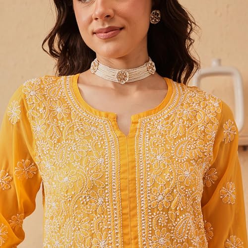 Image of Ada Lucknow Chikankari Hand Embroidered Faux Georgette Kurta Kurti Tunic Dress for Women A95504