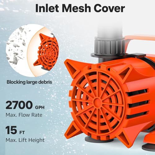Image of DOKO 2700GPH Submersible Water Pump, 180 Ajustable Pond Pump with 20FT Power Cord 120W Ultra Quiet Aquarium Pump for Pond, Fountain, Waterfall, Fish Tank, Hydroponic, Statuary, Orange Black