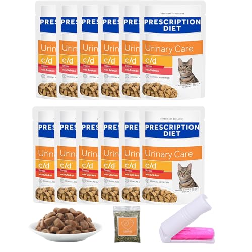 Urinary Cat Food Pouches Bundle with C/D Urinary Care Chicken 85 gram x6 Salmon 85 gram x6 1x UbiPet Catnip and Lint Roller