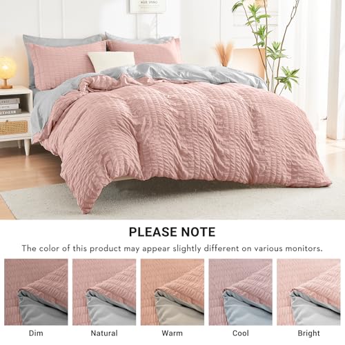 Image of HYMOKEGE Rose Gold /Light Grey Queen Comforter Set Seersucker 7 Pieces, All Season Luxury Bed in a Bag Queen for Bedroom, Bedding Set with Comforter, Sheets, Pillowcases & Shams