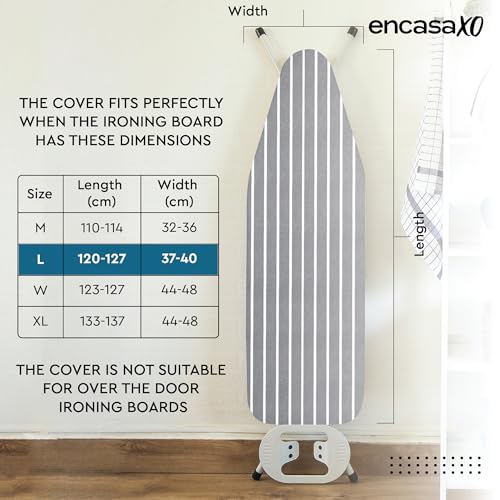 Image of Encasa XO Ironing Board Covers and Pad - 125x39 cm Fits Standard Large Iron Boards, Thick 4mm Felt, Elasticated Fit, Heat & Scorch-Resistant, Elastic Bungee Cord Tightening & Lock Roma Grey Stripes