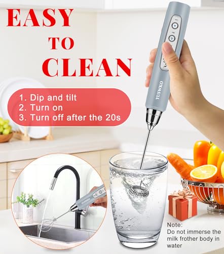 Image of YUSWKO Rechargeable Milk Frother for Coffee, Handheld Drink Mixer with 3 Heads 3 Speeds, Ideal Electric Stirrers for Travel