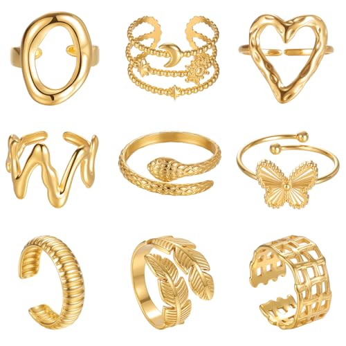 TIZU 9 Piezas Oro Anillos Mujer Acero Inoxidable en Oro de 18K Ajustables Apilables Juego de Anillos para Mujer Niña (#02)