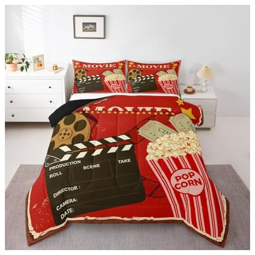 Erosebridal Conjunto de edredom de cinema vintage para crianças meninos e meninas, edredom de pipoca de cinema vermelho grunge com enchimento de edredom, filme noturno de filme impresso colcha Twin, filme bilhete de cinema conjunto de cama com 1 fronha