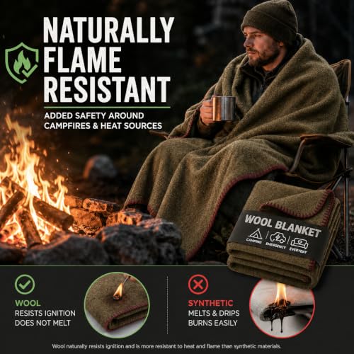 Image of Wool Camping Blanket - 70% Wool Heavy-Duty Military Style Throw, Warm & Washable, Fire Retardant Cover for Emergency, Survival & Outdoor Use - Perfect for Camping, Car, Home & Hiking, Olive 62x84