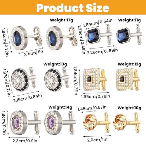 6 Pairs Cufflinks for Men Gorgeous Diamond Crystal Cufflinks Fashion Classic Tone Cuff Links Round Square Rectangle Cuff Links Shirt Studs Formal Business Wedding Gifts for Men2