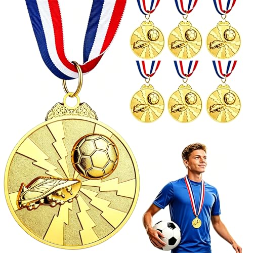 XcnPer 6 Pack Gold Football Medals Metal Winner Medals with Tricolour Ribbon Premium Football Medals for Sports Tournaments Competitions & Achievement Awards
