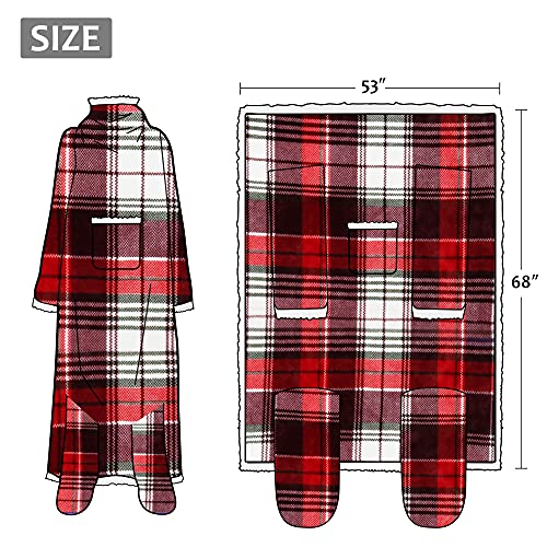 Image of Sherpa Wearable Blanket with Sleeves & Foot Pockets for Adult Women Men, Comfy Snuggle Wrap Sleeved Throw Blanket Robe, Gift Idea, Plaid