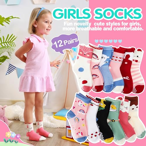 Image of Welwoos Baby Girls Toddlers Grips Socks 12 Pairs Kids Anti Slip Non Skid Animal Funny Cartoon Crew Breathable Cotton Socks