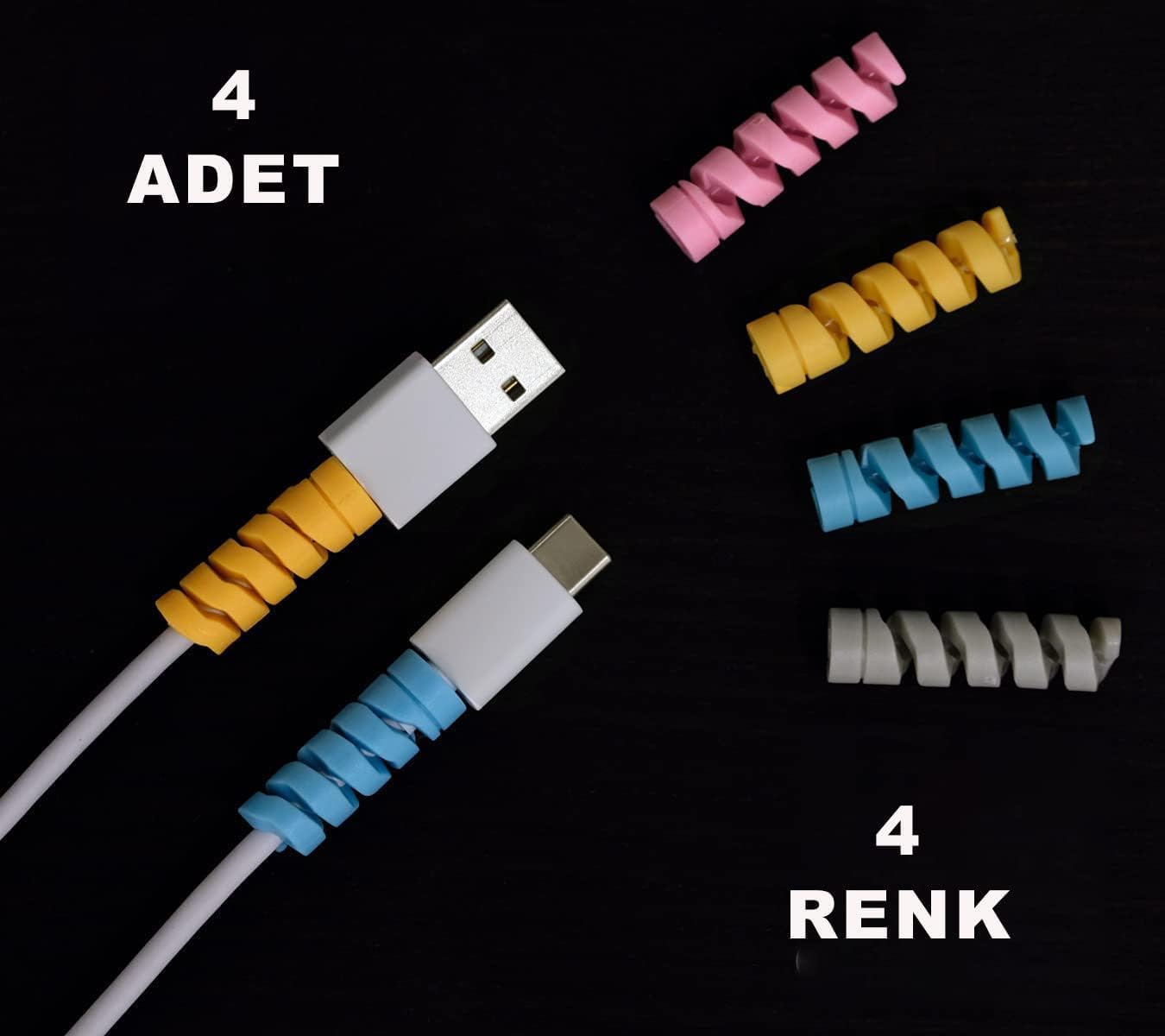 Happy Trend 4 Adet Spiral Esnek Silikon Kablo Koruyucu iPhone - Micro USB ve TYPE-C ve Diğer Tüm Kablolar İçin Uygun Kablo Koruyucu 4 Farklı Renk