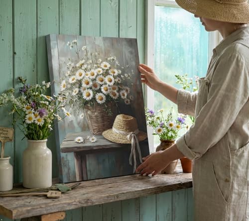 Image of WBNJXNZ Rustic Farmhouse Daisy Floral Canvas Wall Art Vintage Country Floral Wall Decor Flower Still Life Botanical Straw Hat Prints Artwork For Living Room Bedroom Bathroom Home Decoration
