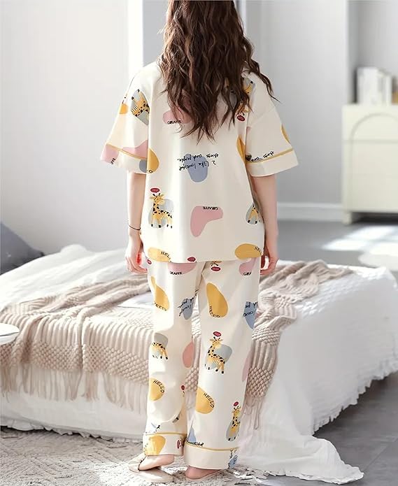 Image of Womens Night Dress Pajama Set Soft Stretchable Spandex Nightwear Night Suit Ladies Loungewear Sleepwear Two Piece Top and Pyjama Set for Women