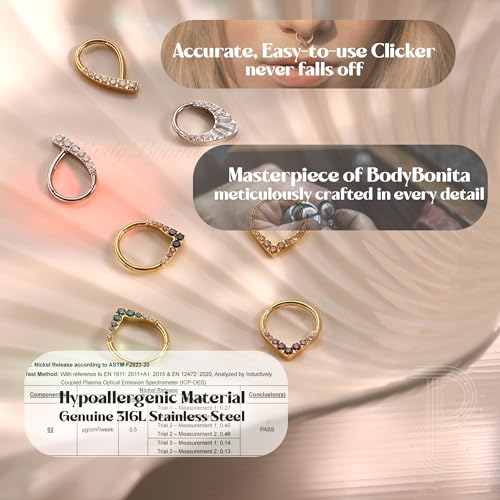 BodyBonita 16G Septum Rings - 316L Surgical Steel Teardrop Hinged Nose Rings Hoops Seamless Septum Jewelry CZ Nose Piercings Helix Tragus Rook Daith Piercing for Women Men Silver/Gold/Black 8mm 10mm3