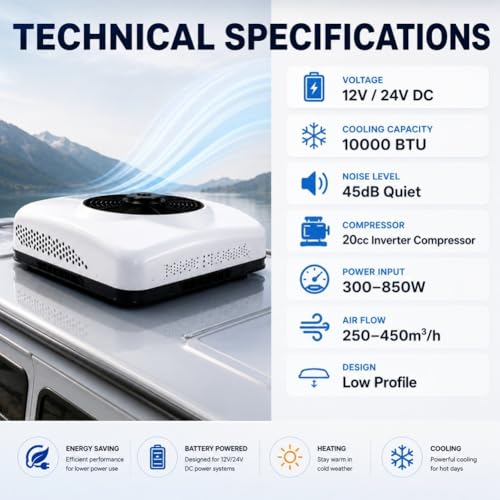 Image of 12V RV Air Conditioner DC, 10000 BTU Rooftop AC Unit, Fast Cooling Ultra-Quiet Heating & Cooling, Low Profile Energy Efficient, Battery Powered Air Conditioner for Camper Motorhome Trailer Truck