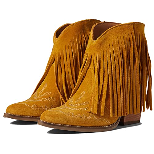 HYESTEP Women Yellow Tassel Western Booties Chunky Block Heel Suede Cowboy Ankle Boots Fringe Pointed Toe 3