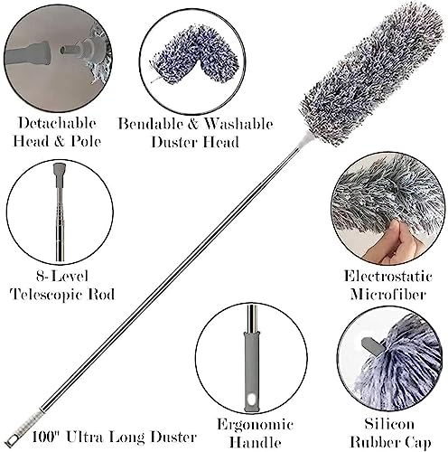 Image of TEKCOOL 2026 Upgraded Long Handle Microfiber Feather Ceiling Duster for Dust Cleaning Extendable Pole 30-100 Inch for Cleaning High Cobweb Stick High Ceiling Fan - Stainless Steel,Grey,
