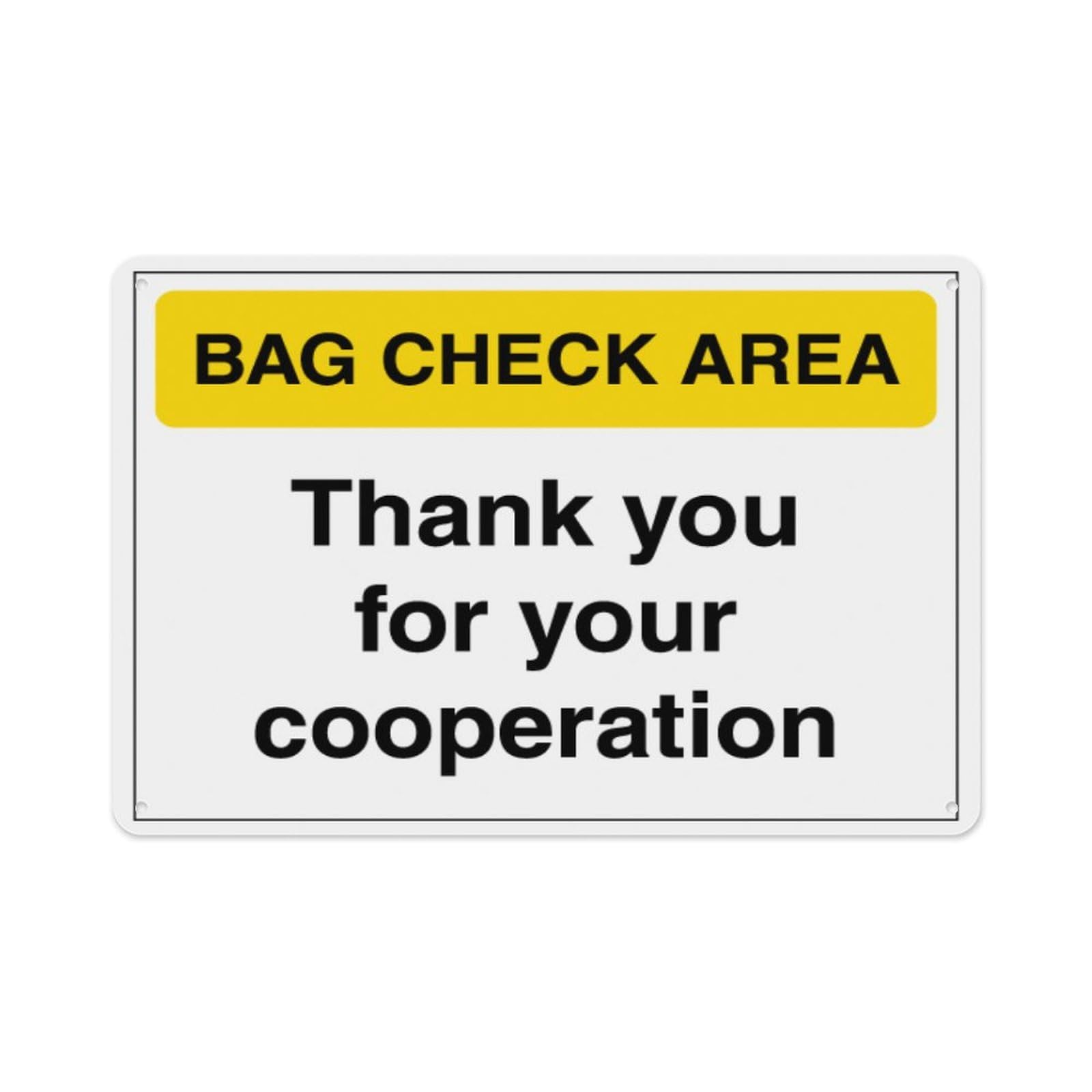 peiyeety Bag Check Area - Thank You For Your Cooperation Aluminum Tin Warning Signs For Home Outdoor Garden 8X12 Inches