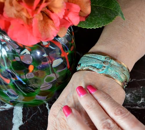 Elaine Coyne Collectible Artwear Verdigris Patina Solid Brass Decorative Dragonfly Cuff - Genuine Garnet4