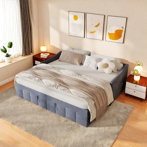 Cama nido de 90 x 200 cm, sofá cama con cajón, sofá cama extensible como cama juvenil o cama de invitados, cama de 2 plazas para salón, dormitorio, gris, terciopelo, sin colchón