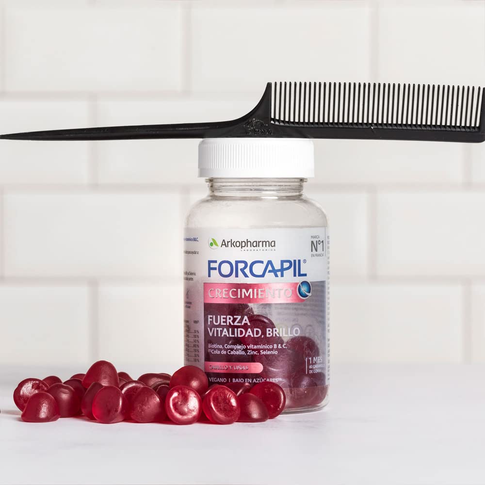 Arkopharma Forcapil Crecimiento, Pack Tratamiento de 3 meses, Sabor Frutos Rojos, Fuerza, Vitalidad y Brillo, Alta Concentración en Biotina, Vitamina B y C, Rojo, 60 Unidad (Paquete de 1)