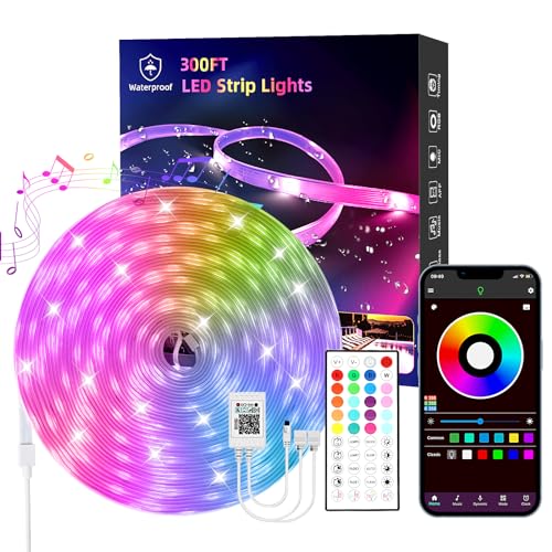 Image of Outdoor waterproof led light with 300 FT (3 rolls 100 FT), app /remote control, IP65 waterproof, music synchronized RGB outdoor indoor color changing lights for bedroom pool roof garden patio decor