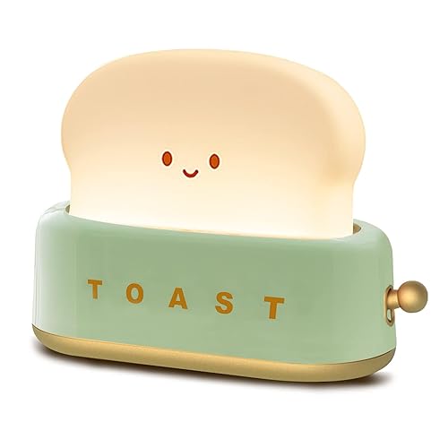 QANYI Desk Decor Toaster Lamp, Rechargeable Small Lamp with Smile Face Toast Bread Cute Toaster Shape Room Decor Night Light for Bedroom, Bedside, Living Room, Dining, Desk Decorations, Gift - II Green