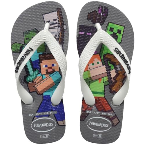 Chinelo Havaianas Kids Minecraft Cinza Aço-Branco Confortável Tamanho 27-28